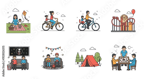 Collection of Family Activities Illustrations: Picnic Biking Birthday Movie Camping and More.