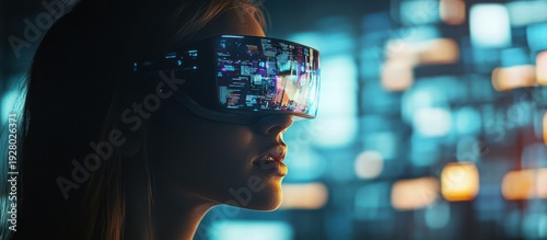 Woman explores VR, data streams background