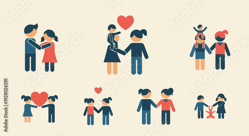 Diverse Family and Couple Icon Set Celebrating Love and Connection.