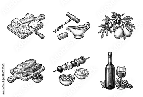 Vintage hand drawn engraving of mediterranean appetizers including wine cheese charcuterie olives and bread
