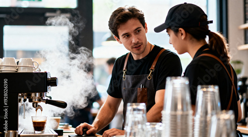 Male barista in an apron training a colleague on how to operate a professional espresso machine in a busy cafe