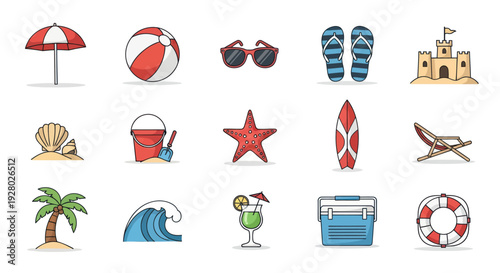 Colorful hand-drawn beach and summer vacation icons set with holiday essentials.