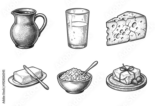 Vintage engraving style collection of dairy products featuring milk pitcher glass cheese butter and cottage cheese