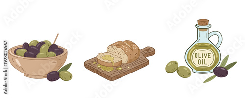 A cartoon including a bowl of olives, sliced bread drizzled with oil, and a glass bottle of olive oil