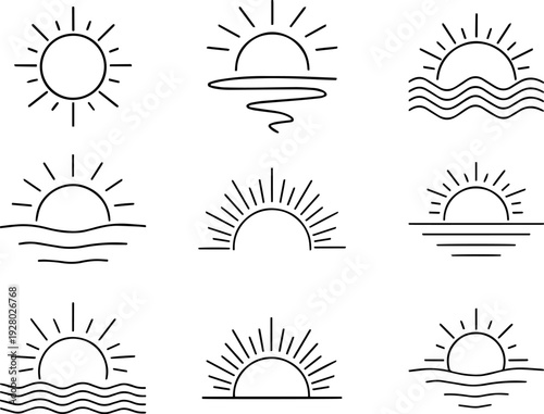 Minimal Sun Outline Icon Set – Sunrise Sunset Line Vector Collection