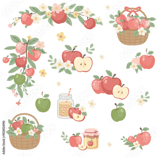 Charming collection of apples, juice, and jam with floral accents on white