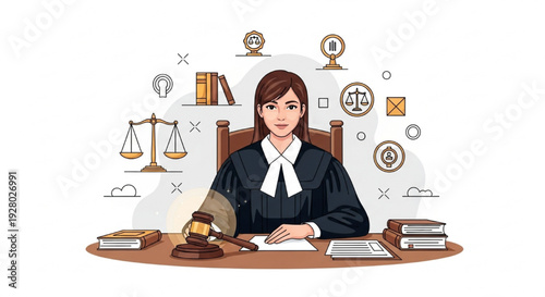 Empowering Vector Illustration of Confident Female Judge at Bench with Gavel, Scales, and Legal Symbols for International Day of Women Judges