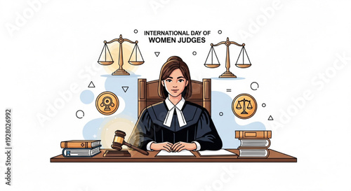 Empowering Vector Illustration of Confident Female Judge at Bench with Gavel, Scales, and Legal Symbols for International Day of Women Judges