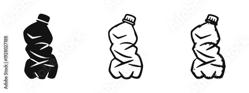 Three stylized crumpled plastic bottle icons set. Black and white vector illustrations of waste and recycling symbols.