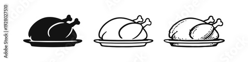 Three stylized roasted whole chicken icons set. Simple black and white vector illustrations of cooked poultry on a plate.