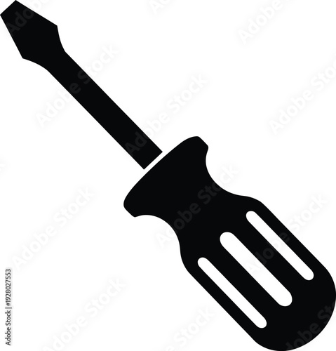 Black icon of a Phillips head screwdriver with a striped handle on white tool hardware