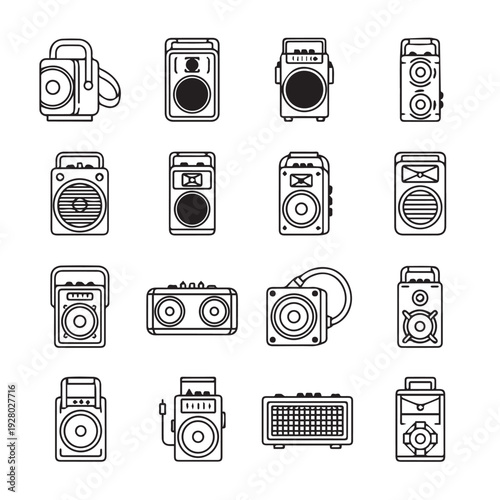 Collection of various portable speaker and amplifier icons line art style