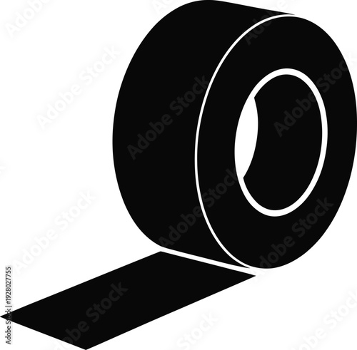 Black roll of tape with a strip pulled out on white background adhesive sticky