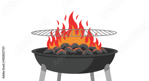 A black charcoal barbecue grill with four legs displays a vibrant fiery blaze of red and orange flames from charcoal briquettes, with a silver grill grate above, on a white background.