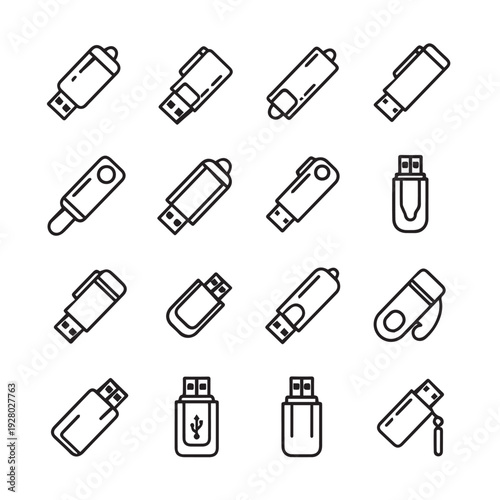 Collection of USB Flash Drive Icons Various Designs Thin Line Art