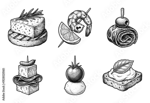 Vintage hand drawn engraving of assorted gourmet appetizers and canapes featuring seafood cheese meat and vegetables