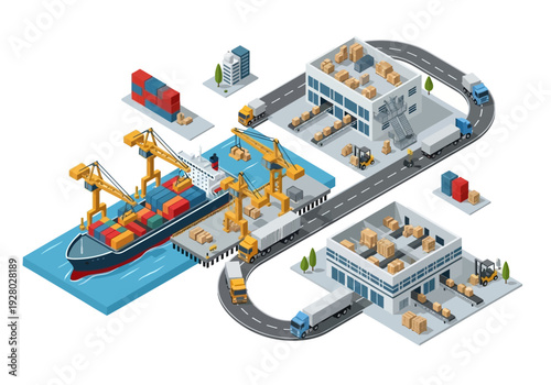 Industrial Port Logistics Hub with Cranes, Containers, Ships, Trucks, and Warehouses