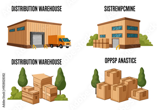 Logistics and distribution icons warehouses, trucks, and shipping boxes for supply chain management