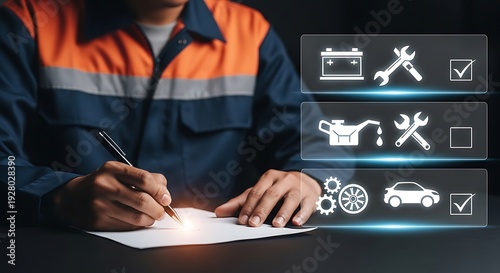 Man in uniform signing document with car maintenance icons
