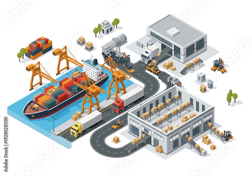 Logistics and Transportation Hub Ships, Cranes, Trucks, Warehouses, and Shipping Containers