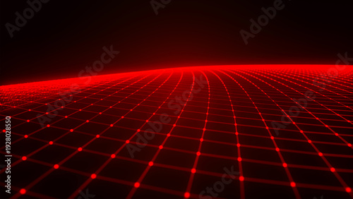 An abstract digital wave of particles. Dark background. Red glowing dots align in undulating arcs, creating an abstract flow of energy. Vector.