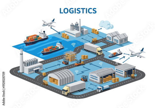 Global shipping and transportation network illustration with diverse logistic operations and various modes of transport