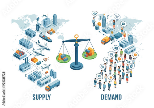 Supply and Demand economics concept represented by scales balancing industry and consumers with global map