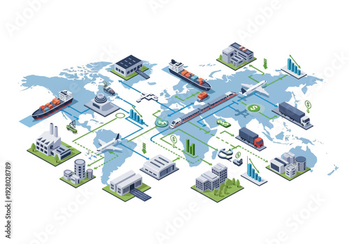 Global logistics network illustration depicting transport hubs and shipping routes across continents
