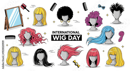 Playful Vector Illustration of Colorful Wigs on Mannequins and People with Stylish Hair for International Wig Day
