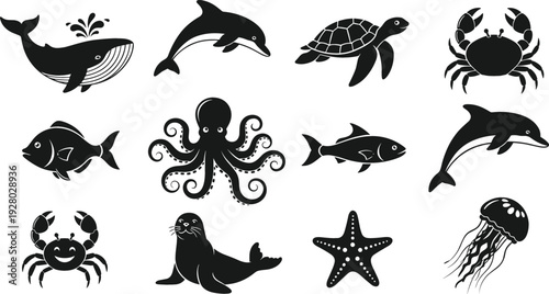 Marine Animal Silhouette Set with Whale, Dolphin, Turtle, Octopus, Crab and Jellyfish, Ocean Wildlife Black Vector Collection
