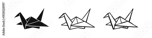 Origami crane icon set. Traditional paper bird symbols in solid, line, and doodle styles.