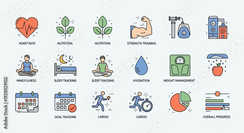 Collection of filled outline icons representing healthy lifestyle fitness and self-care activities.