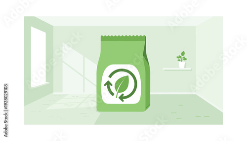 Eco friendly biodegradable bag with recycling symbol in modern green room