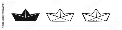 Paper boat icon set. Folded paper toy symbols in solid, line, and doodle styles.