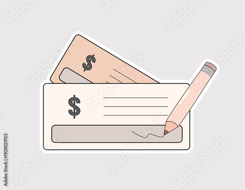 Bank check sticker with a pencil signing for payment. Ideal for payroll services, business accounting blogs, and traditional banking content