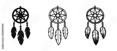 Dreamcatcher with feathers icon set.