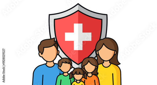 Family with parents and children under a medical healthcare shield