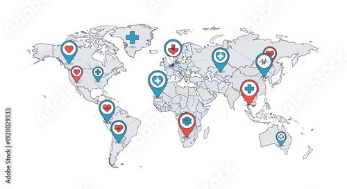 World map indicating global healthcare and medical service locations