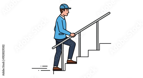 Person walking up stairs safely holding handrail