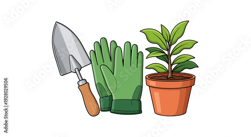 Gardening tools with a metal trowel  green gloves  and small plant