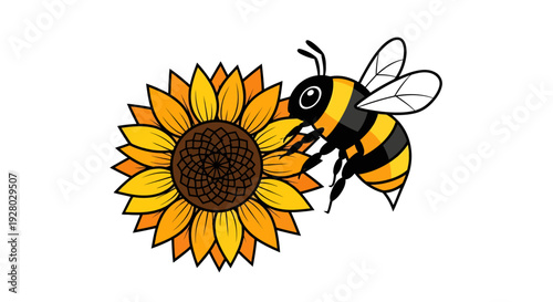 Honey bee flying to pollinate a large yellow sunflower