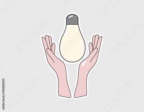 Lightbulb idea sticker held by hands symbolizing innovation. Perfect for creative agency branding, startup pitches, and educational materials