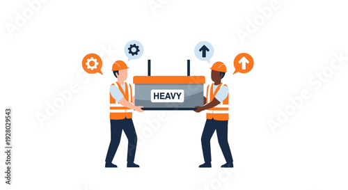 Construction workers carrying heavy box together for team lifting