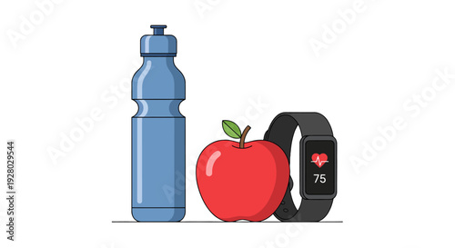 Healthy lifestyle objects with water bottle apple and smartwatch
