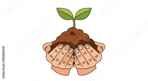 Hands holding a mound of soil with a small green plant sprout