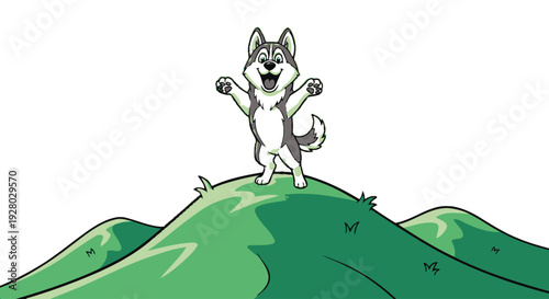 Cartoon husky dog standing on a green grassy hill