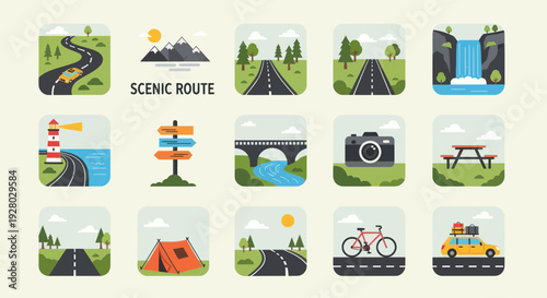 Collection of flat design travel and scenic route icons with roads nature and landmarks.
