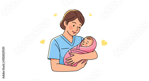 Loving mother or caregiver holding a swaddled newborn baby