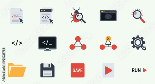 Flat design icons set for software development programming coding debugging saving and running applications.
