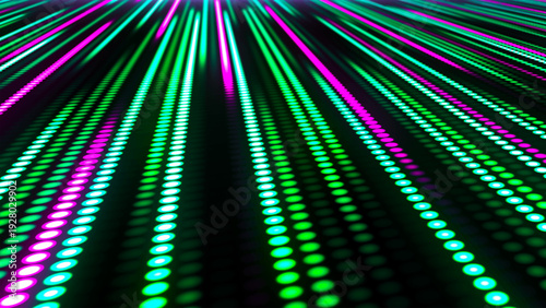 A rapid movement of glowing digital lines composed of blue and pink neon dots. A sense of speed and directional flow sweeps through virtual space. Vector